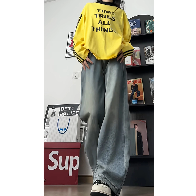 欧迪芬 垂感宽松阔腿裤女秋季水洗做旧裤高腰百搭直筒拖地裤牛仔裤 女款