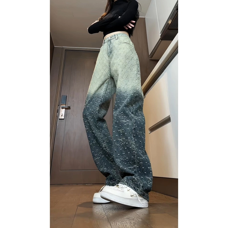 欧迪芬 时尚渐变提花裤女春秋款高腰显瘦休闲百搭宽松阔腿拖地长裤牛仔裤 女款