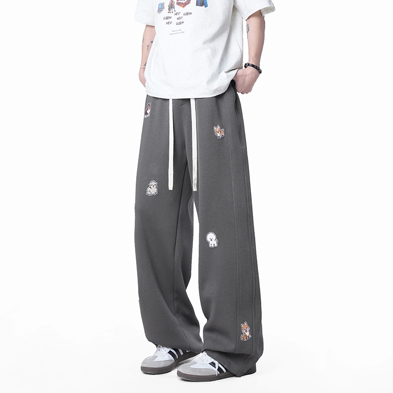 欧迪芬 趣味小狗刺绣卫裤垂感宽松阔腿休闲裤 男女同款