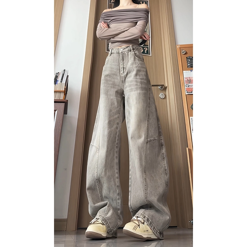 欧迪芬 水洗直筒裤女秋季美式高质量猫须褶皱宽松休闲长裤牛仔裤 女款