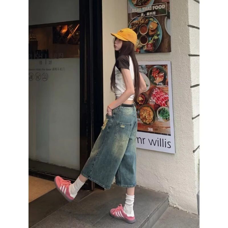 欧迪芬 美式做旧女夏季高腰小个子直筒宽松显瘦七分牛仔裤 女款 复古蓝