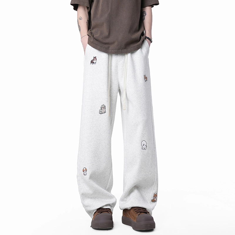 欧迪芬 趣味小狗刺绣卫裤垂感宽松阔腿休闲裤 男女同款