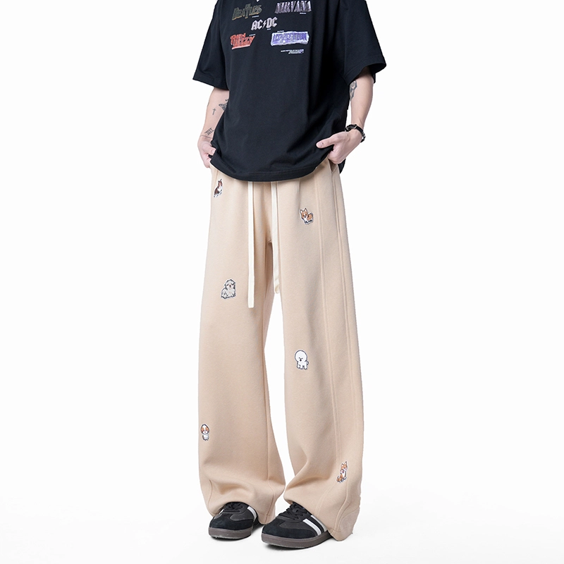 欧迪芬 趣味小狗刺绣卫裤垂感宽松阔腿休闲裤 男女同款