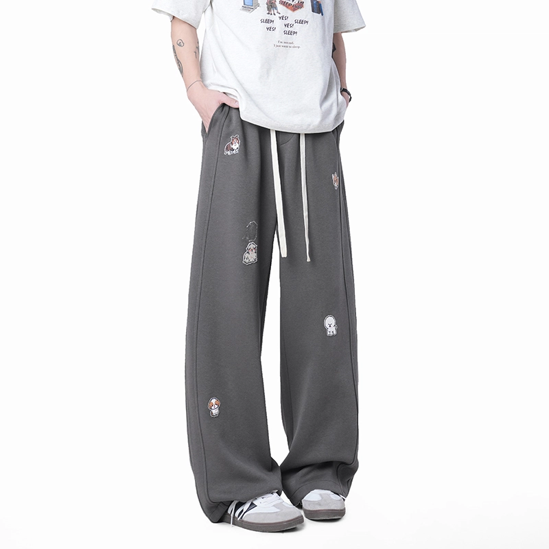 欧迪芬 趣味小狗刺绣卫裤垂感宽松阔腿休闲裤 男女同款