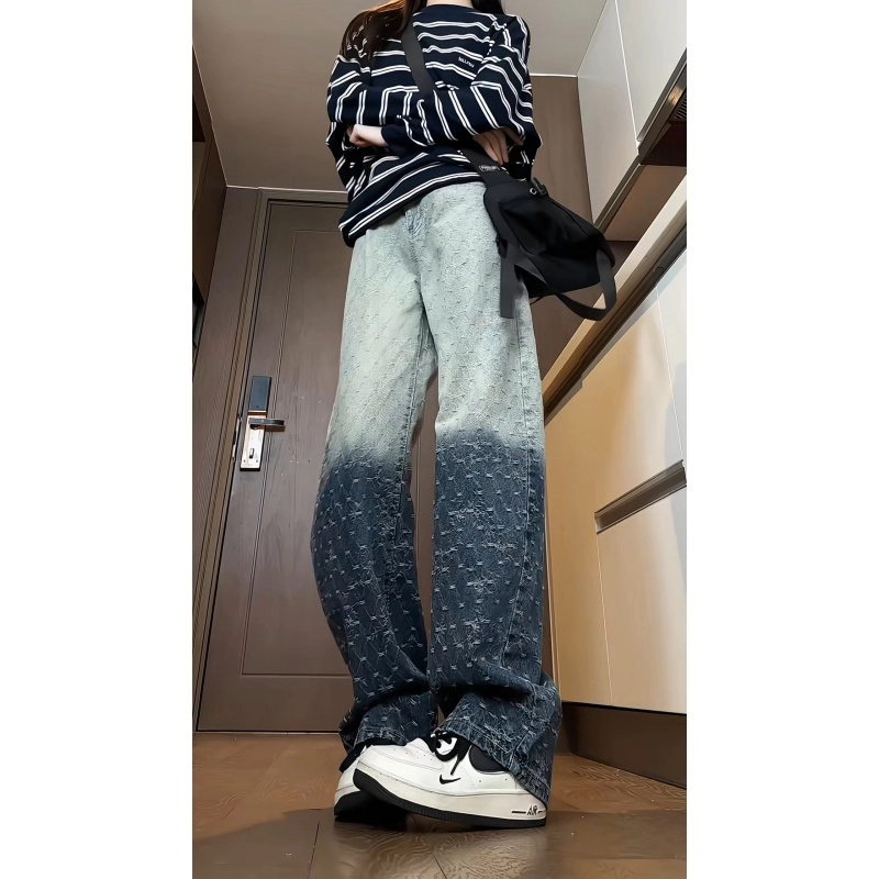 欧迪芬 时尚渐变提花裤女春秋款高腰显瘦休闲百搭宽松阔腿拖地长裤牛仔裤 女款