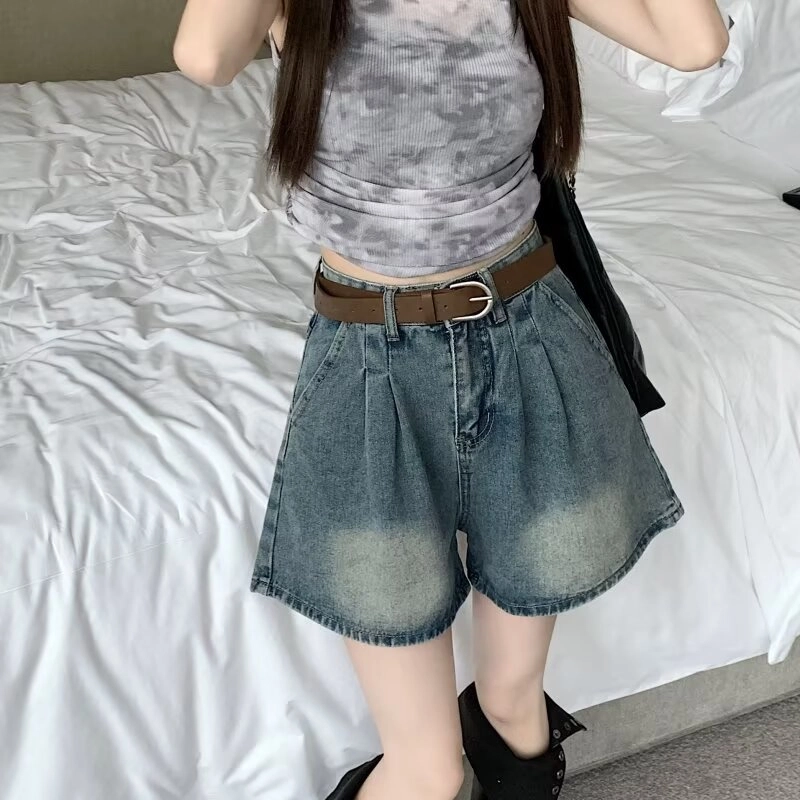 欧迪芬 水洗休闲宽松简约通勤风纯色高腰阔腿牛仔短裤 女款