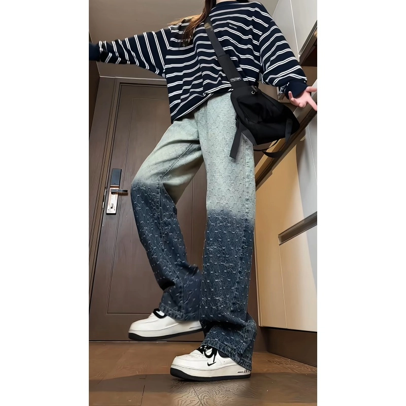 欧迪芬 时尚渐变提花裤女春秋款高腰显瘦休闲百搭宽松阔腿拖地长裤牛仔裤 女款