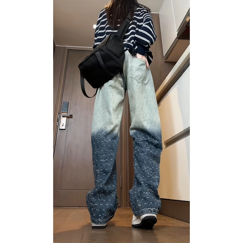 欧迪芬 时尚渐变提花裤女春秋款高腰显瘦休闲百搭宽松阔腿拖地长裤牛仔裤 女款