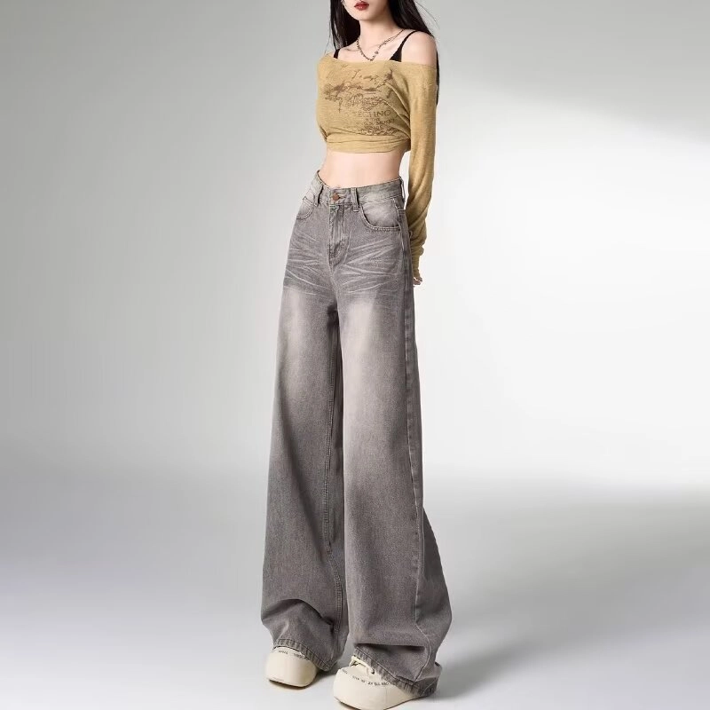 欧迪芬 时尚潮流美式复古高腰阔腿宽松显瘦做旧休闲牛仔裤 女款 灰色