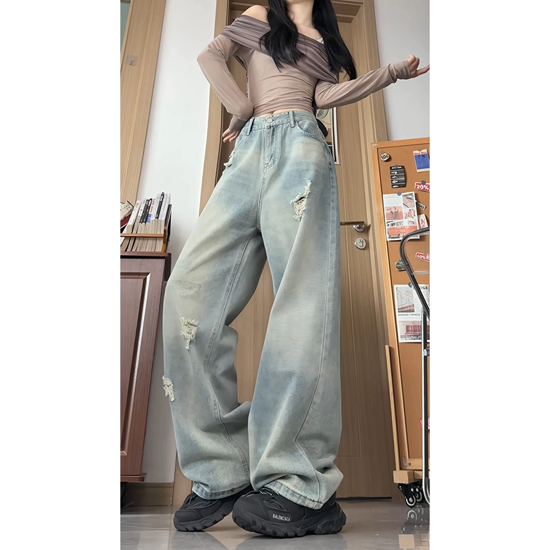 欧迪芬 美式复古破洞秋季小个子直筒宽松显瘦大码阔腿牛仔裤 男女同款