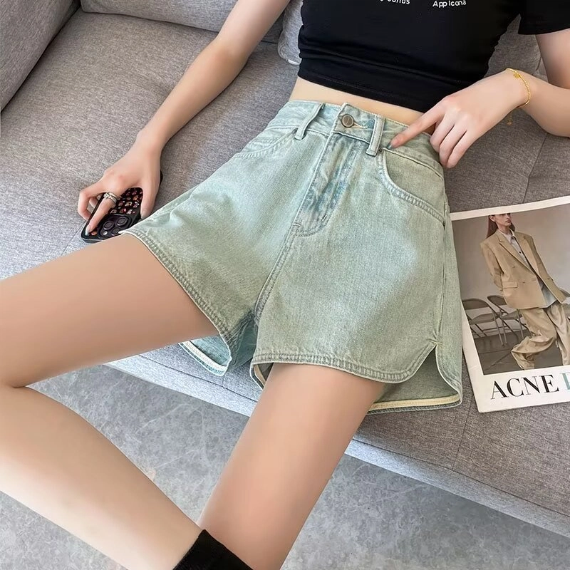 欧迪芬 时尚百搭显瘦显高阔腿简约舒适高腰牛仔短裤 女款 浅蓝