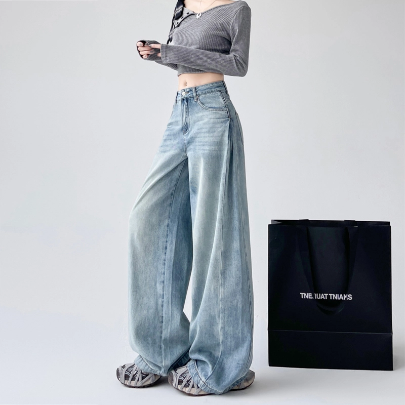 欧迪芬 美式潮流水洗阔腿高腰宽松显瘦设计牛仔裤 女款 蓝色