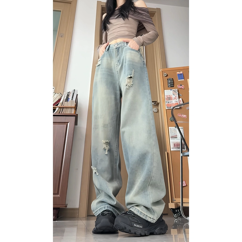 欧迪芬 美式复古破洞秋季小个子直筒宽松显瘦大码阔腿牛仔裤 男女同款