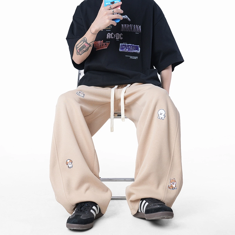 欧迪芬 趣味小狗刺绣卫裤垂感宽松阔腿休闲裤 男女同款