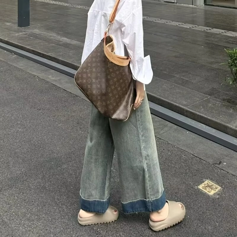欧迪芬 复古高腰垂感卷边阔腿女夏季宽松显瘦小个子直筒微喇叭裤子牛仔裤 女款 蓝色