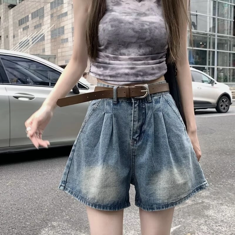 欧迪芬 水洗休闲宽松简约通勤风纯色高腰阔腿牛仔短裤 女款