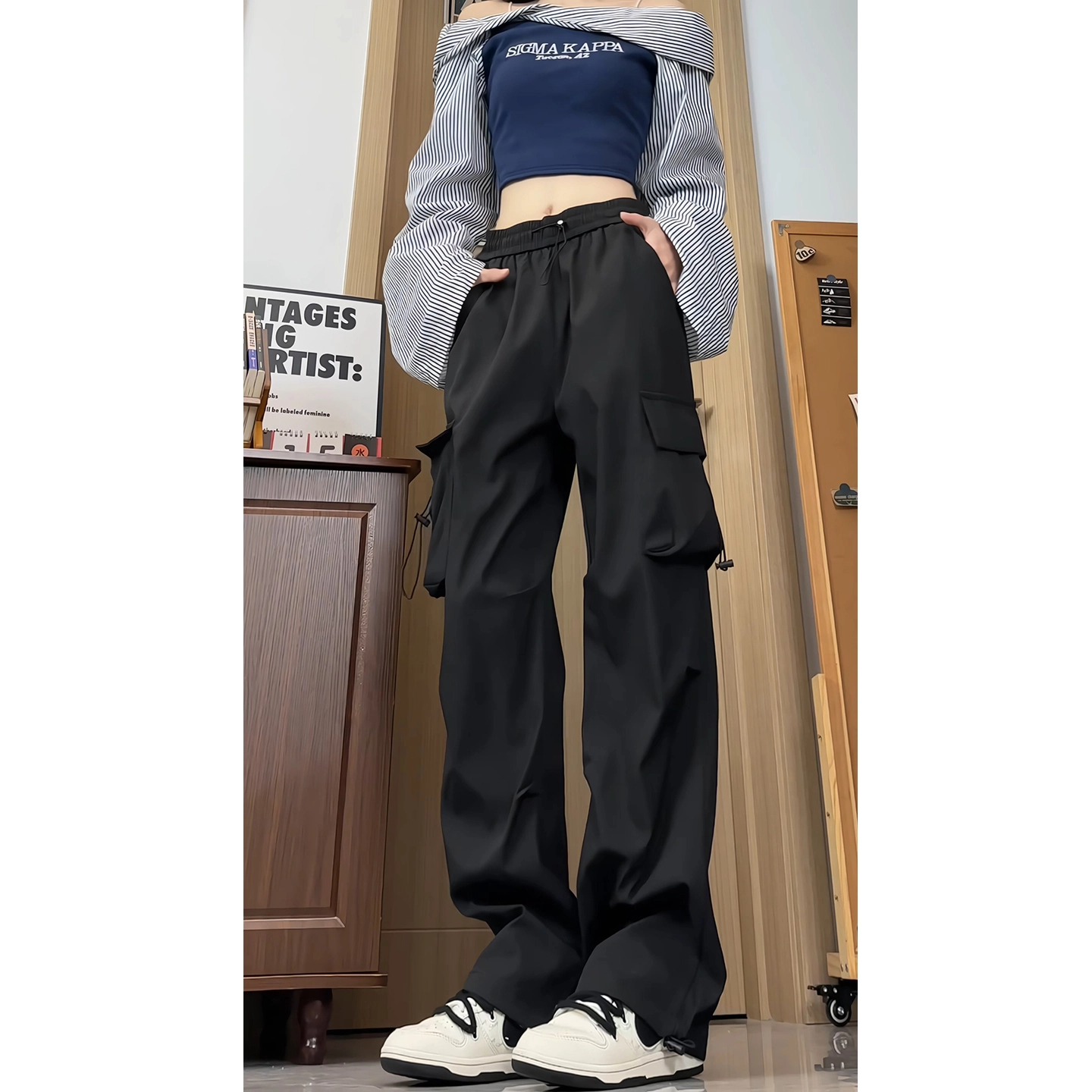 欧迪芬 情侣款直筒口袋松紧腰宽松阔腿休闲速干工装裤 男女同款