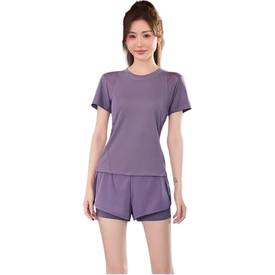 欧迪芬  女速干亲肤透气吸汗显瘦修身塑型夏季薄款女运动服两件套纯色圆领短袖上衣假两件安全短裤普拉提健身房跑步爬楼  健身套装  女款
