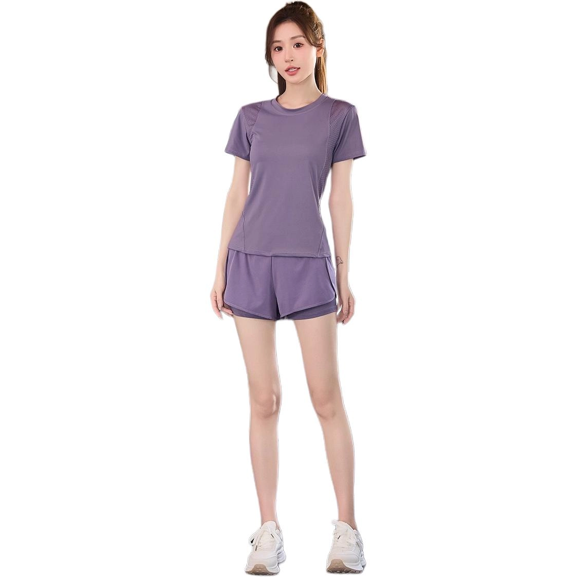 欧迪芬  女速干亲肤透气吸汗显瘦修身塑型夏季薄款女运动服两件套纯色圆领短袖上衣假两件安全短裤普拉提健身房跑步爬楼  健身套装  女款