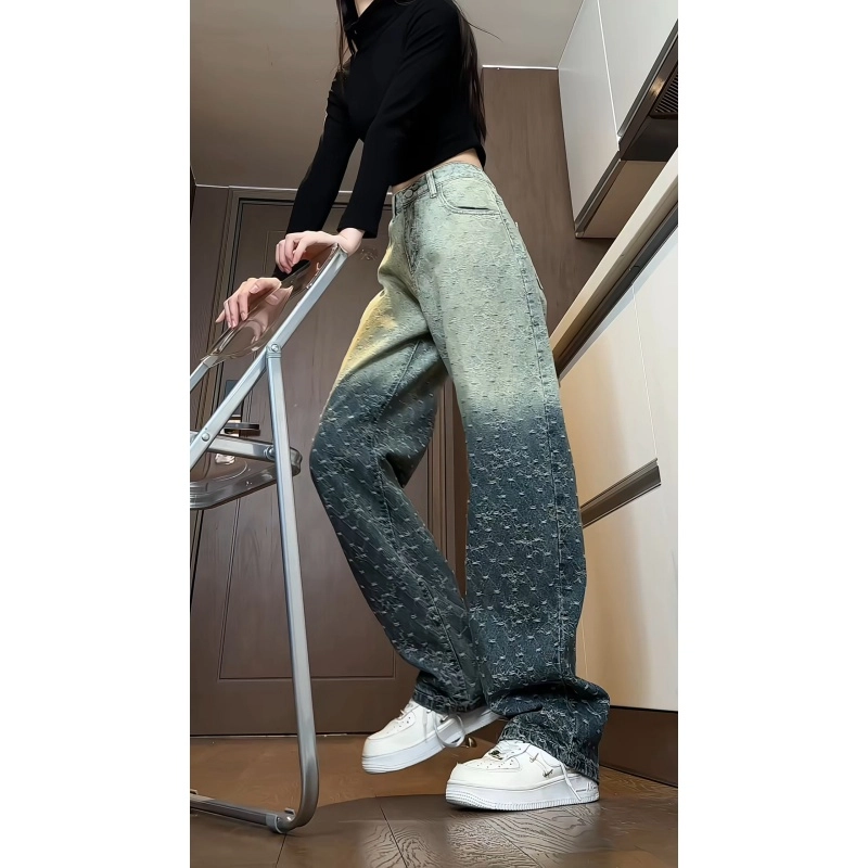 欧迪芬 时尚渐变提花裤女春秋款高腰显瘦休闲百搭宽松阔腿拖地长裤牛仔裤 女款