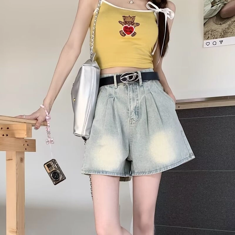 欧迪芬 水洗休闲宽松简约通勤风纯色高腰阔腿牛仔短裤 女款