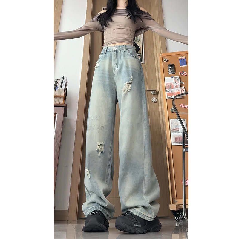 欧迪芬 美式复古破洞秋季小个子直筒宽松显瘦大码阔腿牛仔裤 男女同款