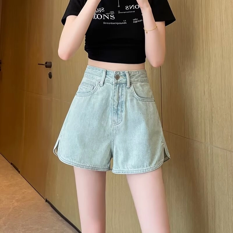 欧迪芬 时尚百搭显瘦显高阔腿简约舒适高腰牛仔短裤 女款 浅蓝
