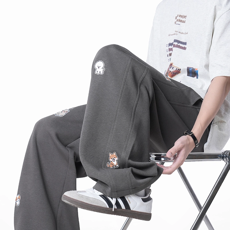 欧迪芬 趣味小狗刺绣卫裤垂感宽松阔腿休闲裤 男女同款