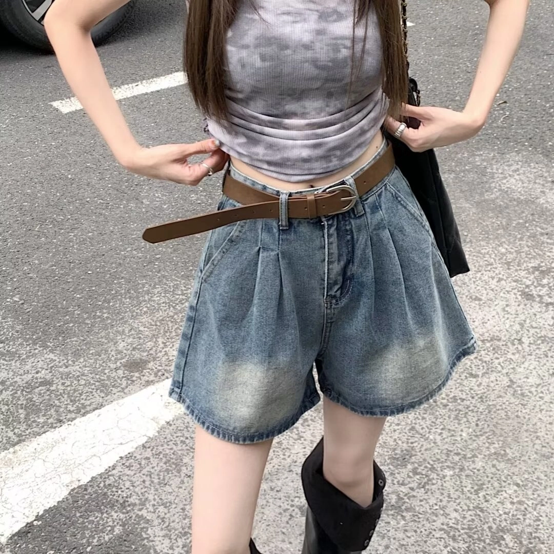 欧迪芬 水洗休闲宽松简约通勤风纯色高腰阔腿牛仔短裤 女款