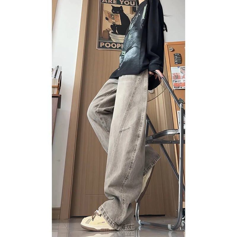 欧迪芬 水洗直筒裤女秋季美式高质量猫须褶皱宽松休闲长裤牛仔裤 女款