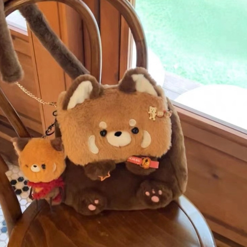 礼莎 秋冬小熊猫毛绒双肩包包 卡通可爱 玩偶周边