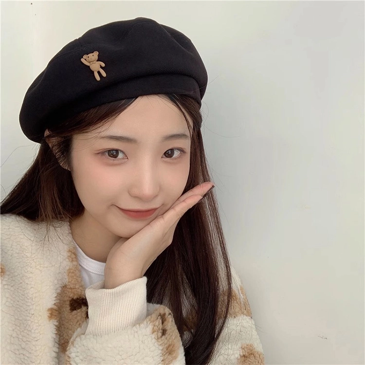 浪莎 日系可爱卡通小熊文艺气质画家复古高级感显脸小 聚酯纤维 贝雷帽 女款