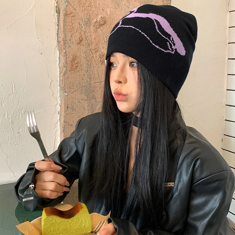 浪莎 秋冬季蝴蝶与猫学院风甜美大头围显脸小保暖防风毛线冷帽 腈纶 绒线帽 男女同款情侣款