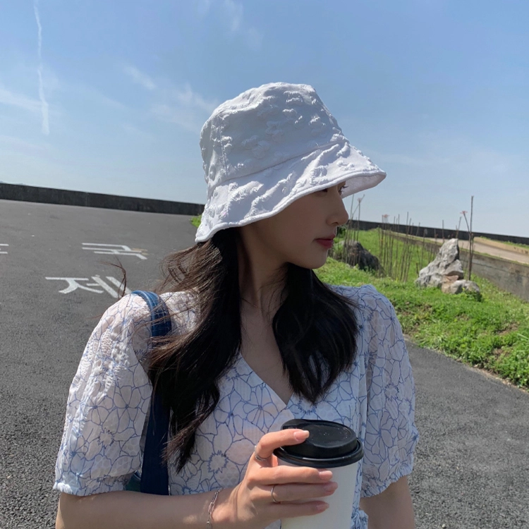 浪莎 蕾丝花朵刺绣气质遮阳盆帽水桶帽 棉 防晒帽 女款