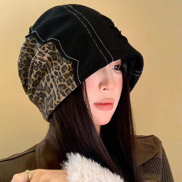 浪莎 韩系小众设计拼接豹纹辣妹复古堆堆帽大头围显脸小 棉 绒线帽 女款