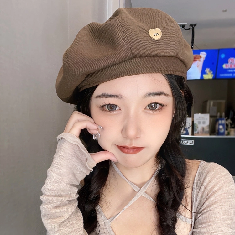 浪莎 韩系简约纯色爱心大头围时尚复古百搭时尚休闲 聚酯纤维 贝雷帽 女款