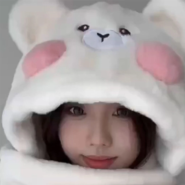 【萌趣可爱】 浪莎 圆腮红可爱小熊帽子围巾手套一体女生冬季保暖加绒加厚骑车防寒围脖绒线帽三合一 涤纶 绒线帽 女款