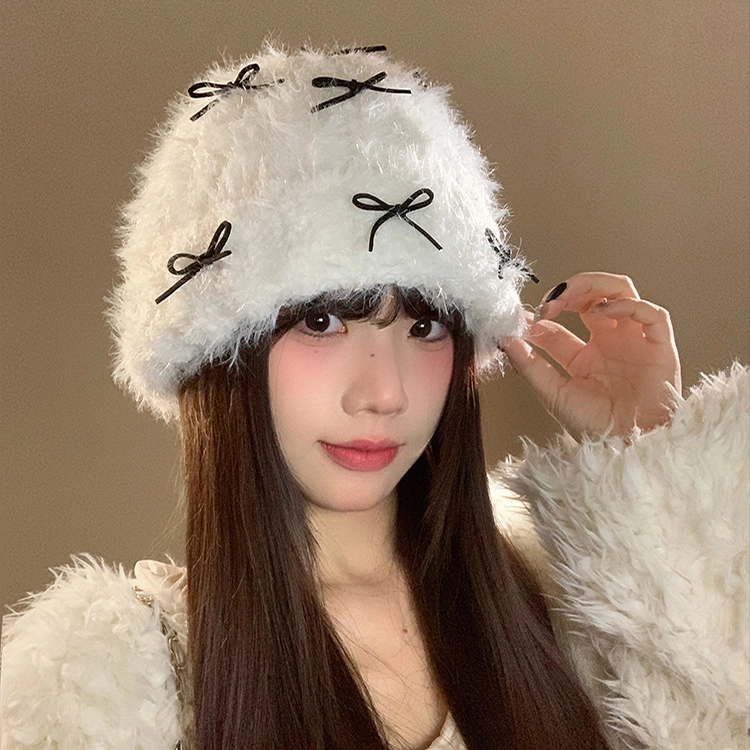 浪莎 甜美蝴蝶结加厚保暖护耳针织大头围显脸小 棉 绒线帽 男女同款情侣款