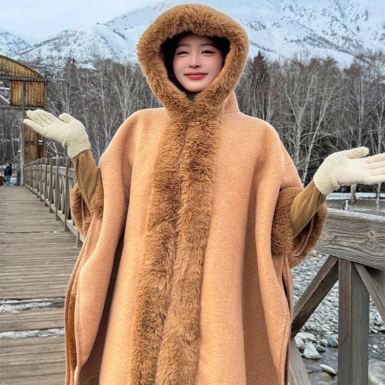 浪莎 氛围感纯色连帽斗篷披肩女生冬季加厚保暖外套加绒加大毛领连帽披风 披肩 女款