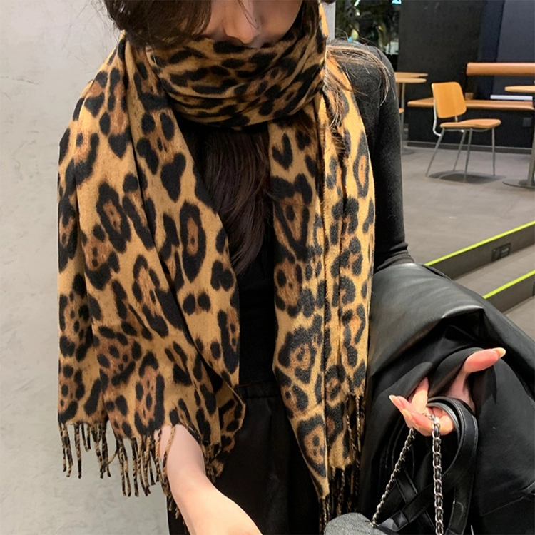 浪莎 甜酷风复古豹纹流苏绒线围巾男女情侣款千禧辣妹风秋冬加厚保暖披肩围脖 礼盒装 绒线围巾 男女同款情侣款