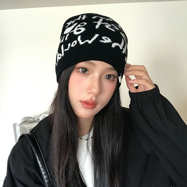 浪莎 潮牌街头英文字母早秋薄款个性字母提花黑白 腈纶 绒线帽 男女同款情侣款