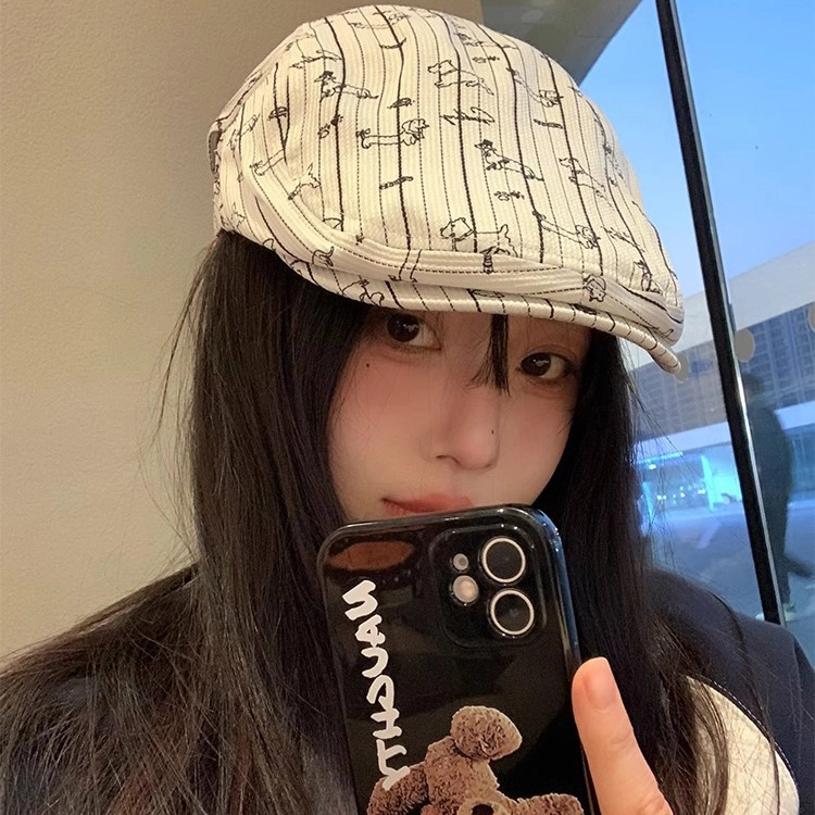 浪莎 日系文艺风条纹前进帽可爱卡通腊肠犬出游百搭显脸小报童帽街拍时尚 棉 贝雷帽 女款