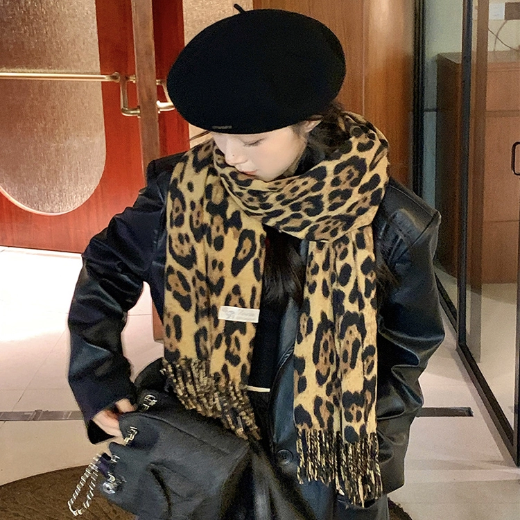浪莎 甜酷风复古豹纹流苏绒线围巾男女情侣款千禧辣妹风秋冬加厚保暖披肩围脖 礼盒装 绒线围巾 男女同款情侣款