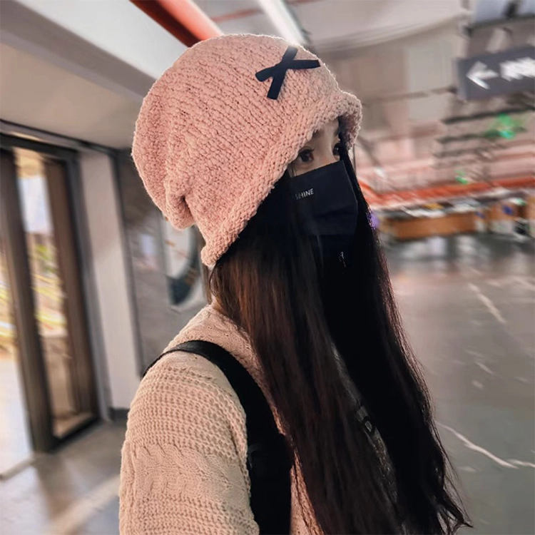 浪莎 蝴蝶结毛线冷帽保暖大头围显脸小针织堆堆帽 涤纶 绒线帽 女款