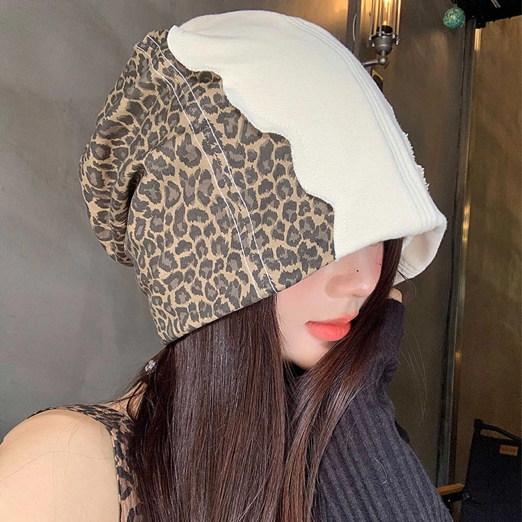 浪莎 韩系小众设计拼接豹纹辣妹复古堆堆帽大头围显脸小 棉 绒线帽 女款
