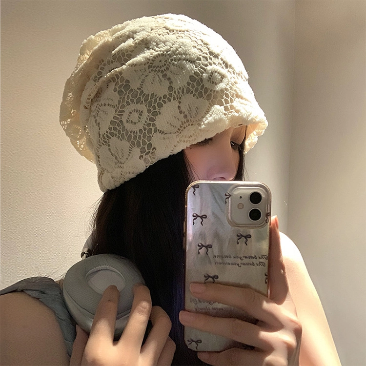 浪莎 简约纯色镂空花朵针织防风保暖包头 棉 绒线帽 男女同款情侣款