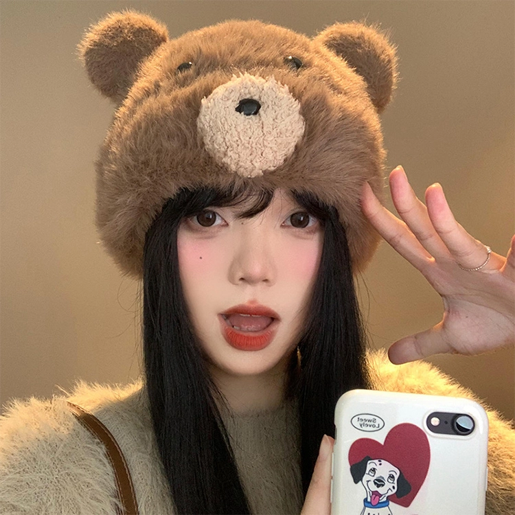 浪莎 可爱卡通小熊耳朵毛绒套头帽子女款秋冬季保暖护耳针织帽学生冷帽绒线帽 涤纶 绒线帽 女款