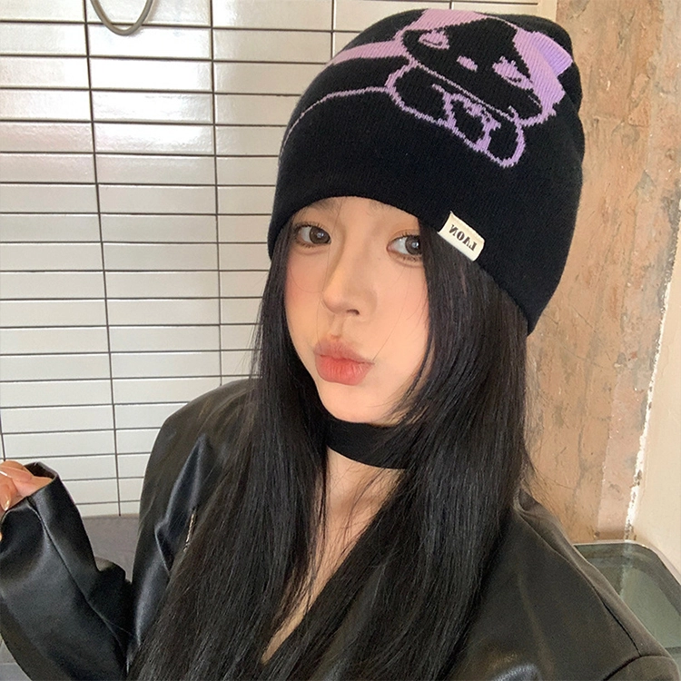 浪莎 秋冬季蝴蝶与猫学院风甜美大头围显脸小保暖防风毛线冷帽 腈纶 绒线帽 男女同款情侣款