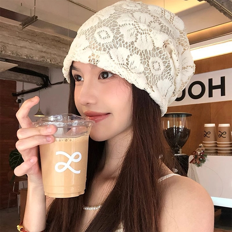 浪莎 简约纯色镂空花朵针织防风保暖包头 棉 绒线帽 男女同款情侣款