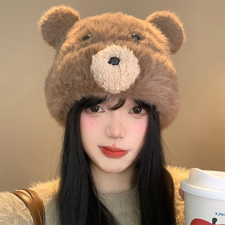 浪莎 可爱卡通小熊耳朵毛绒套头帽子女款秋冬季保暖护耳针织帽学生冷帽绒线帽 涤纶 绒线帽 女款